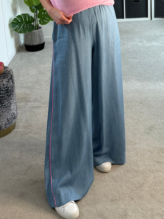 Chambray/Pink Stripe Wide Leg Trousers
