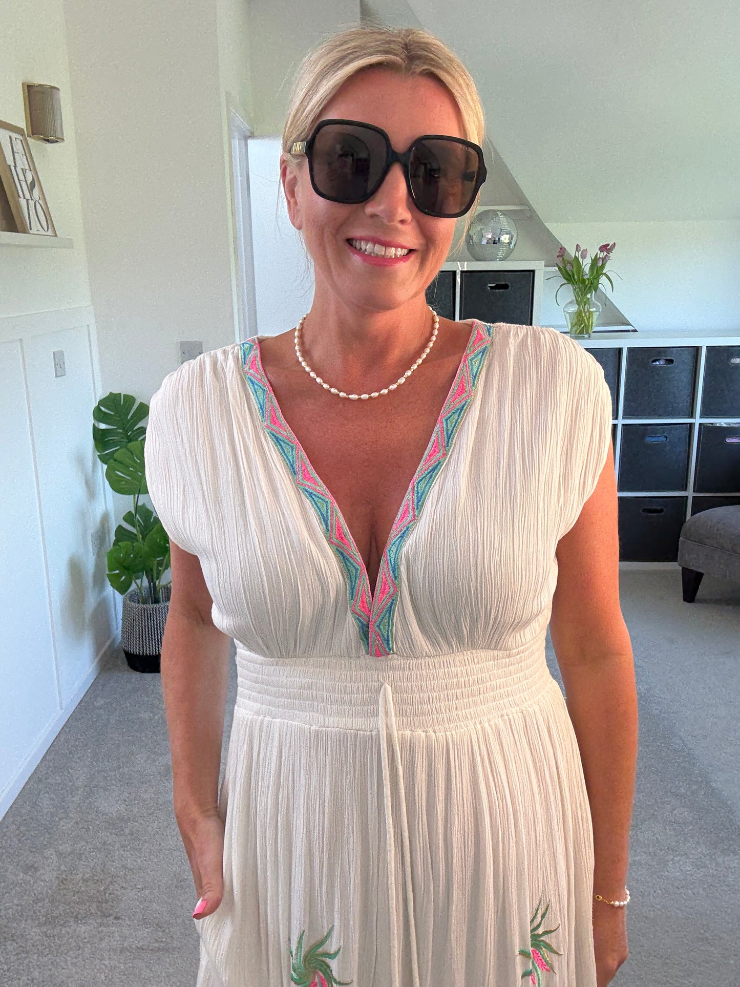 White Embroidered V Neck Grecian Maxi Dress