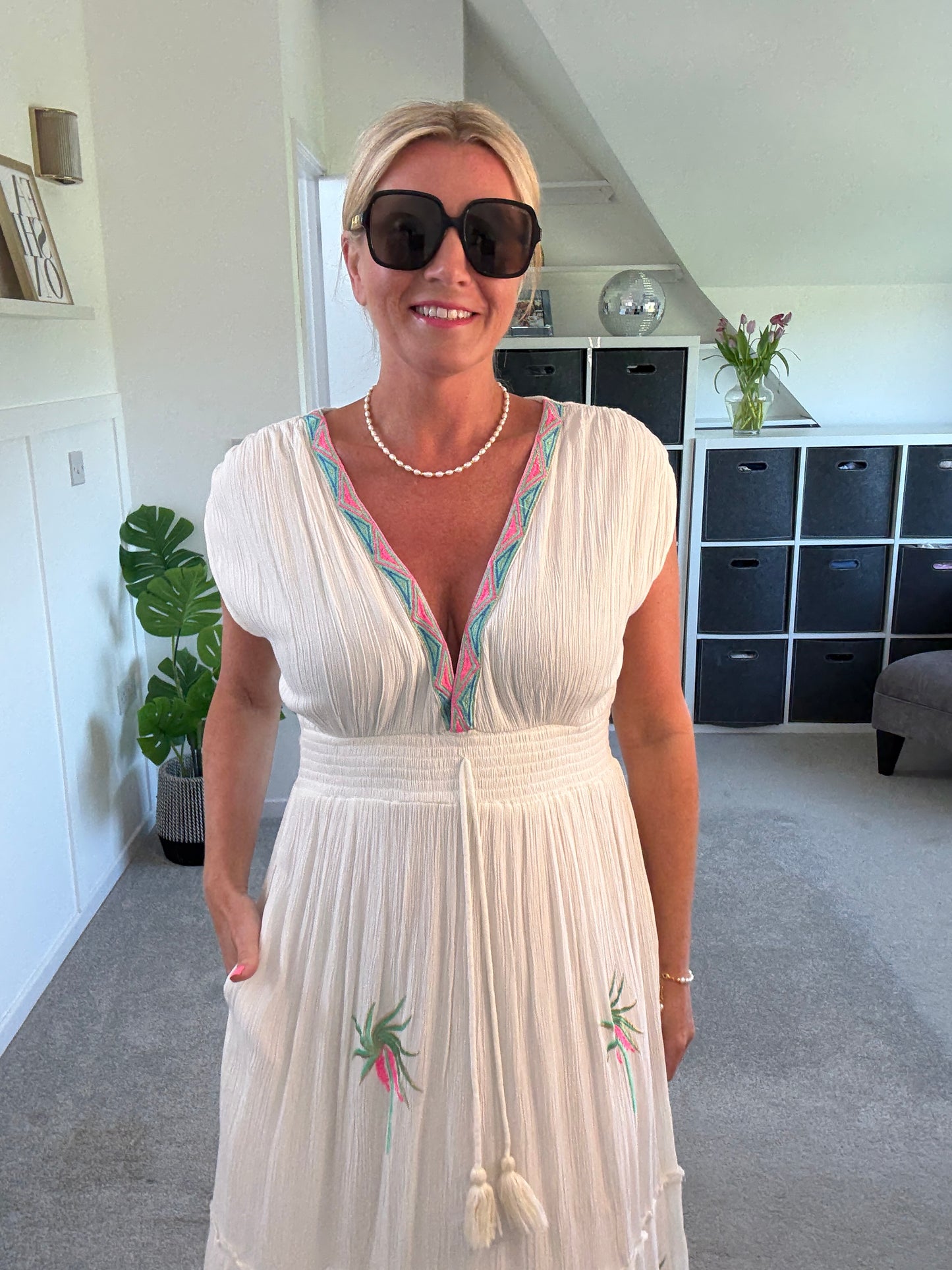 White Embroidered V Neck Grecian Maxi Dress