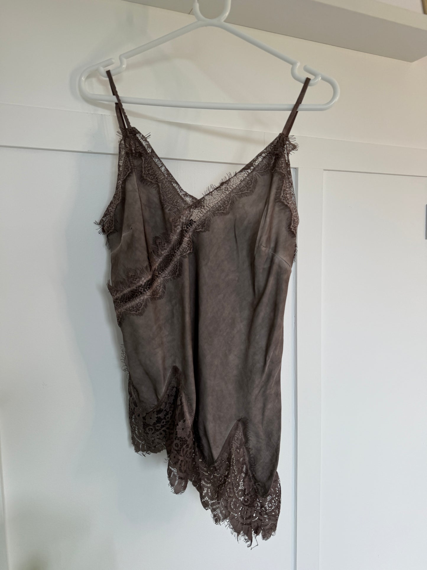Mocha Satin Lace Asymmetric Cami Top