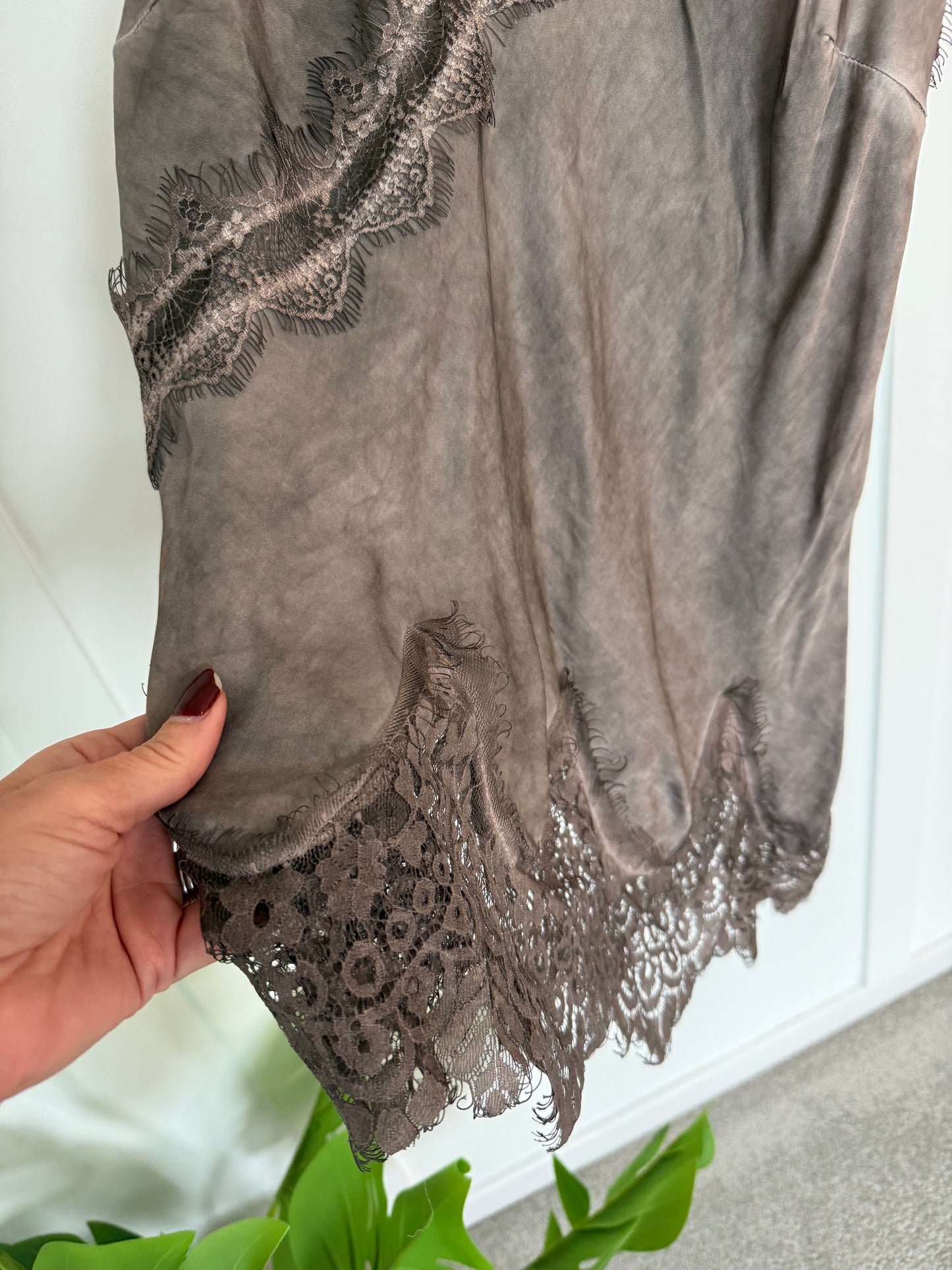 Mocha Satin Lace Asymmetric Cami Top