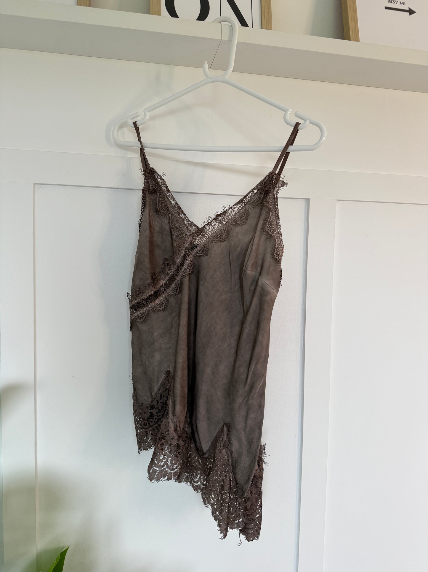 Mocha Satin Lace Asymmetric Cami Top