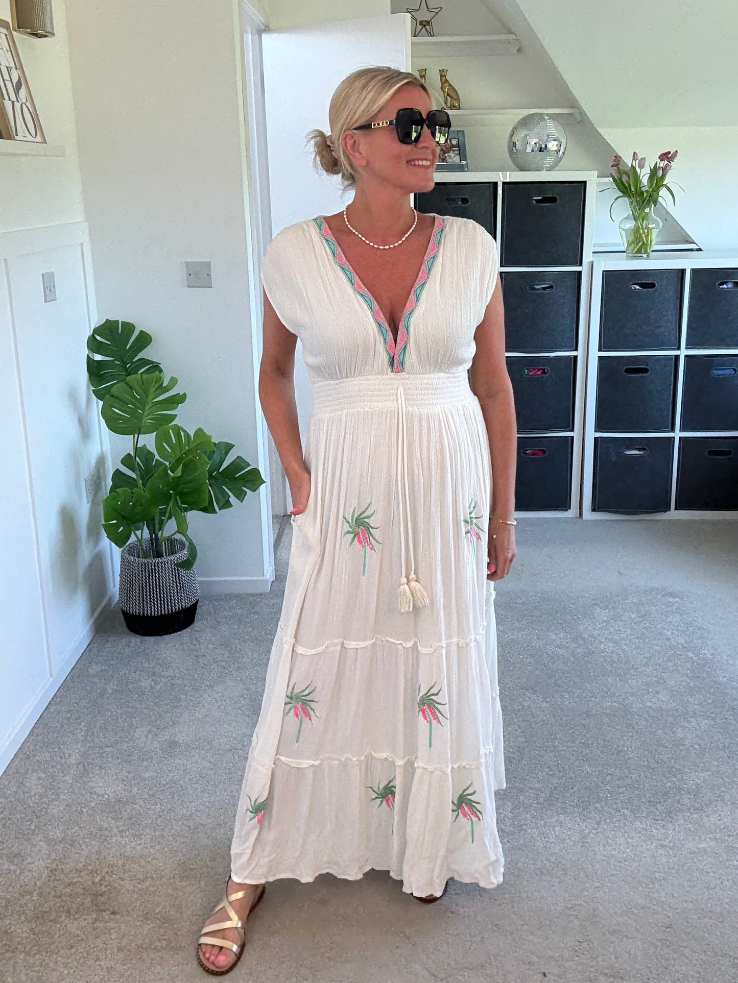 White Embroidered V Neck Grecian Maxi Dress