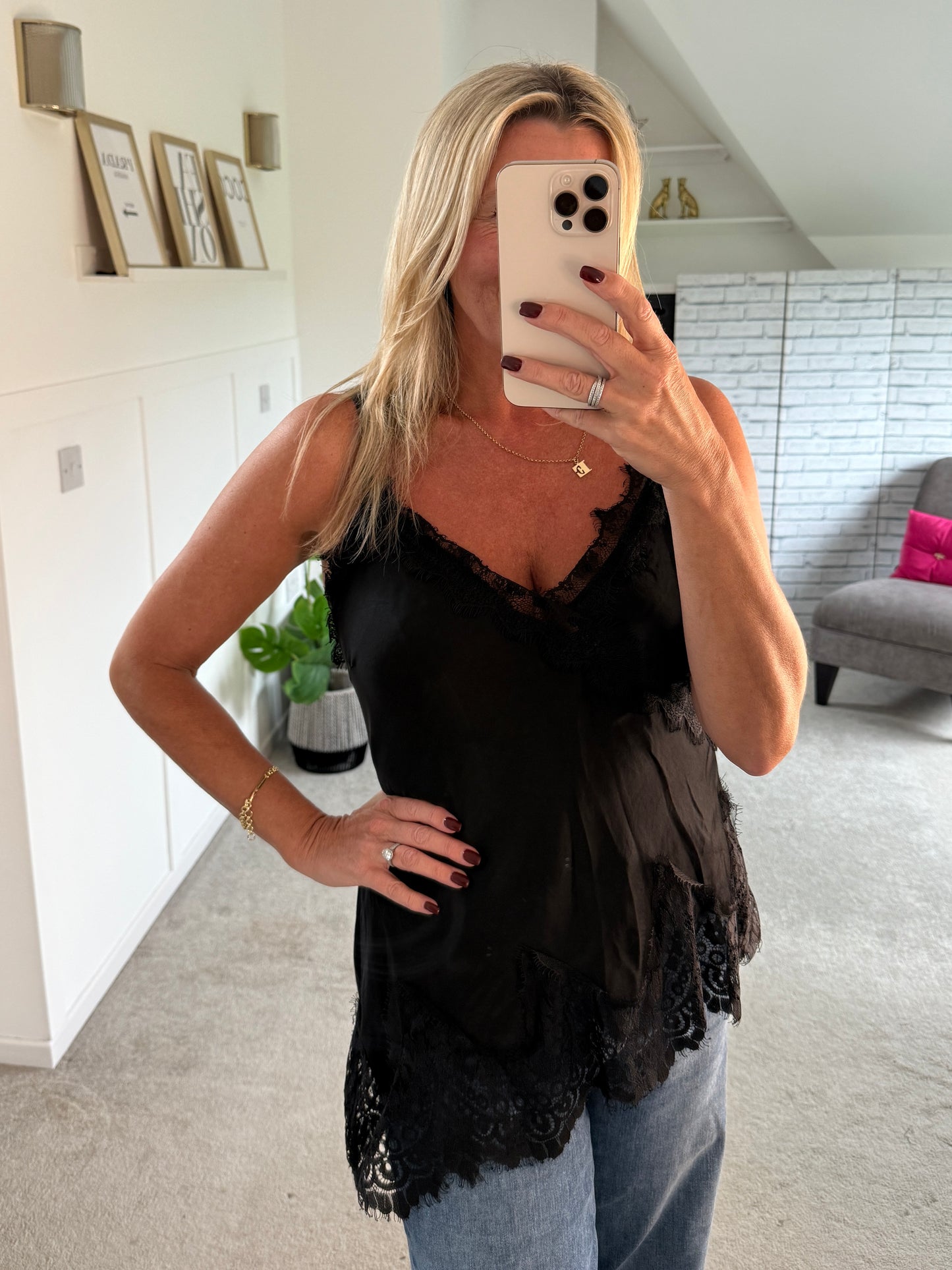 Black Satin Lace Asymmetric Cami Top
