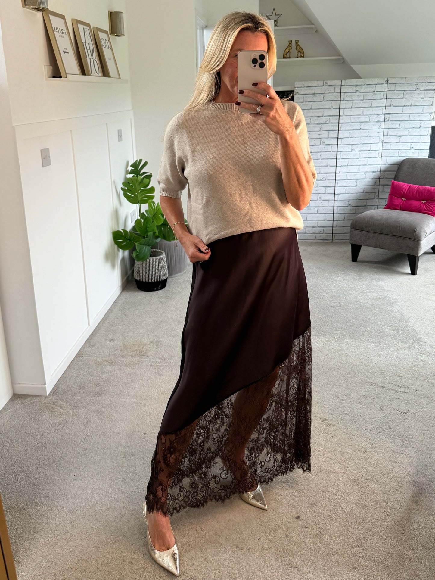 Chocolate Satin Asymmetric Lace Detail Maxi Slip Skirt
