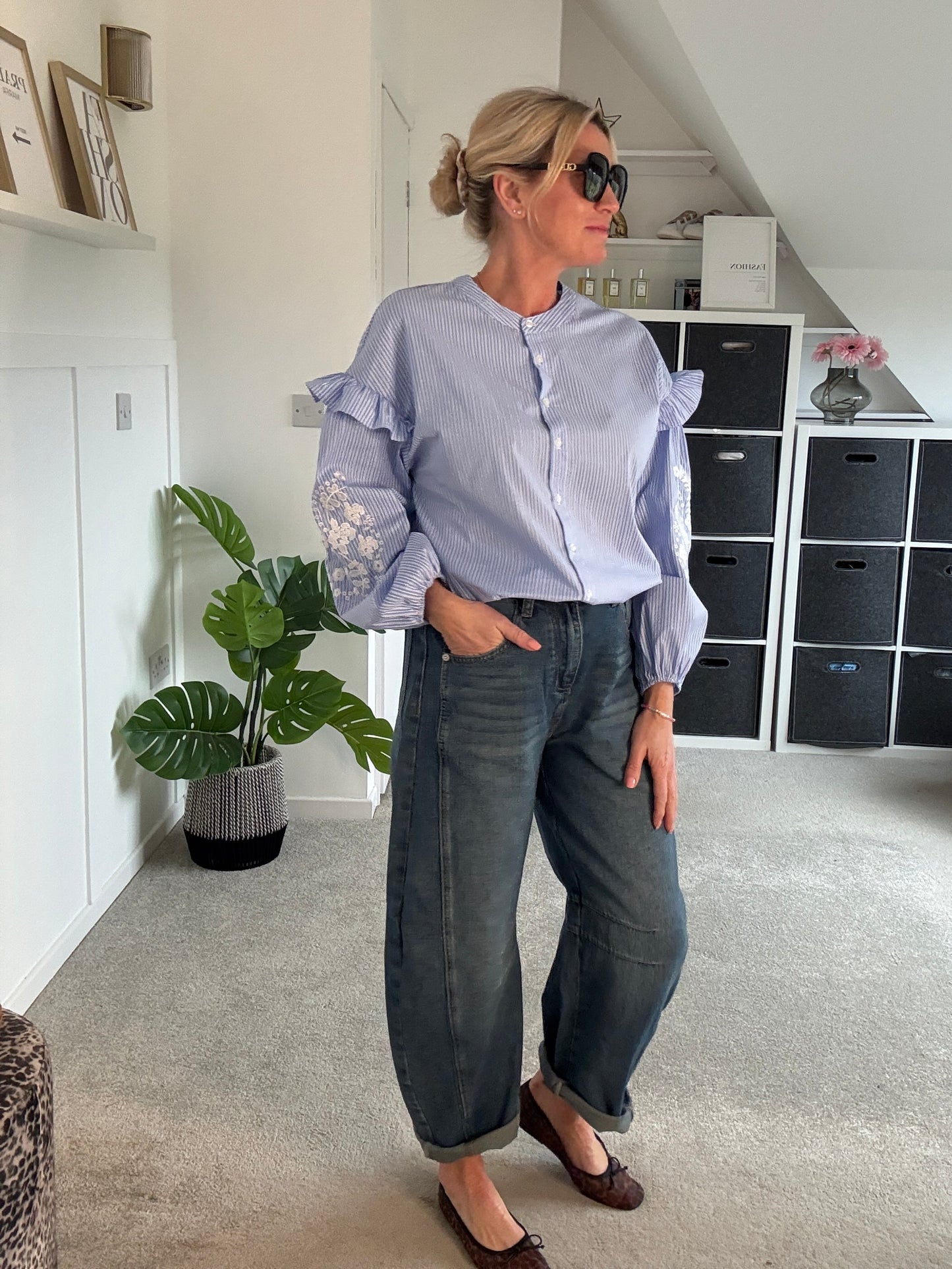 Blue Pinstripe Embroidered Sleeve Shirt