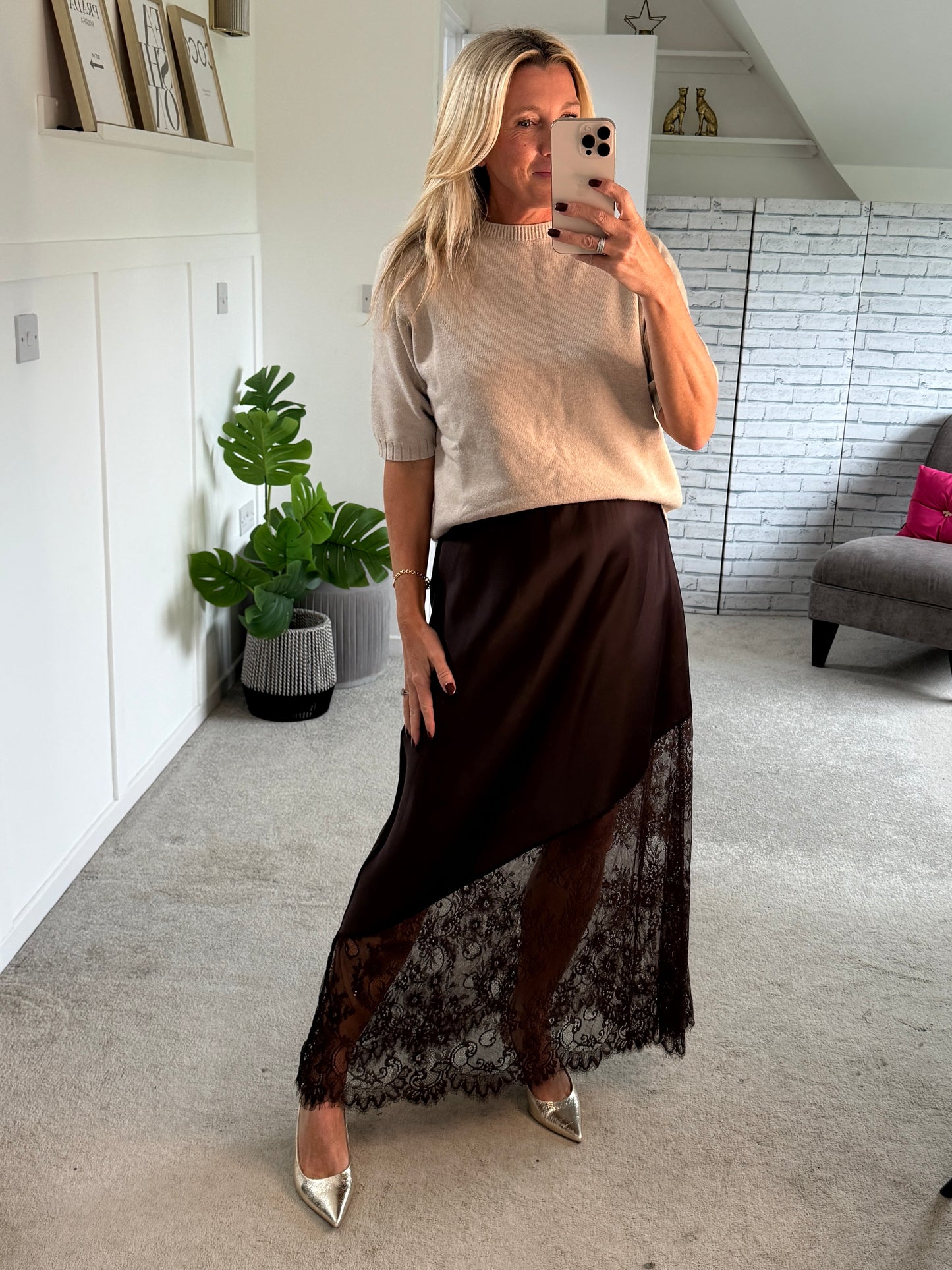 Chocolate Satin Asymmetric Lace Detail Maxi Slip Skirt