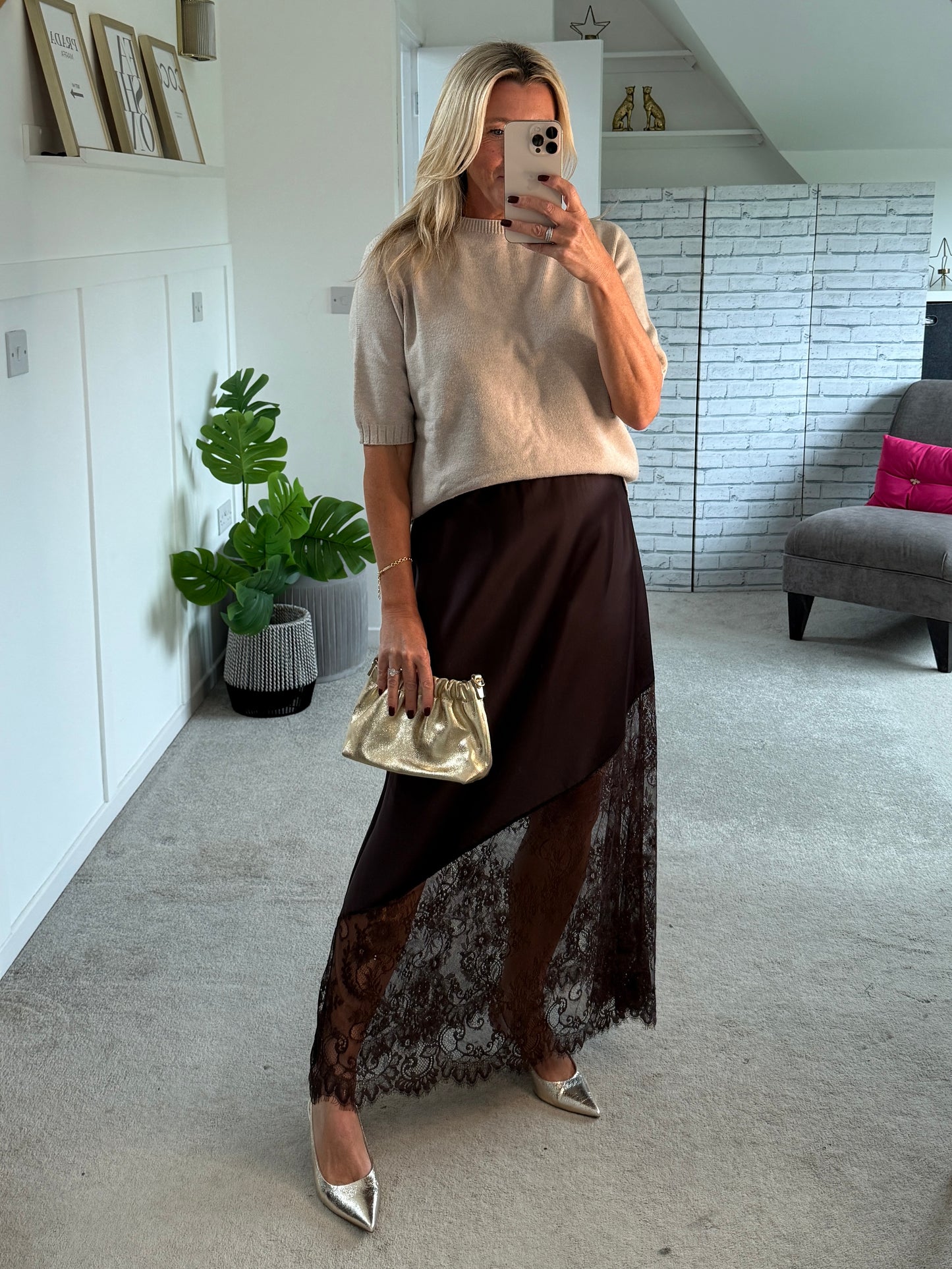 Chocolate Satin Asymmetric Lace Detail Maxi Slip Skirt