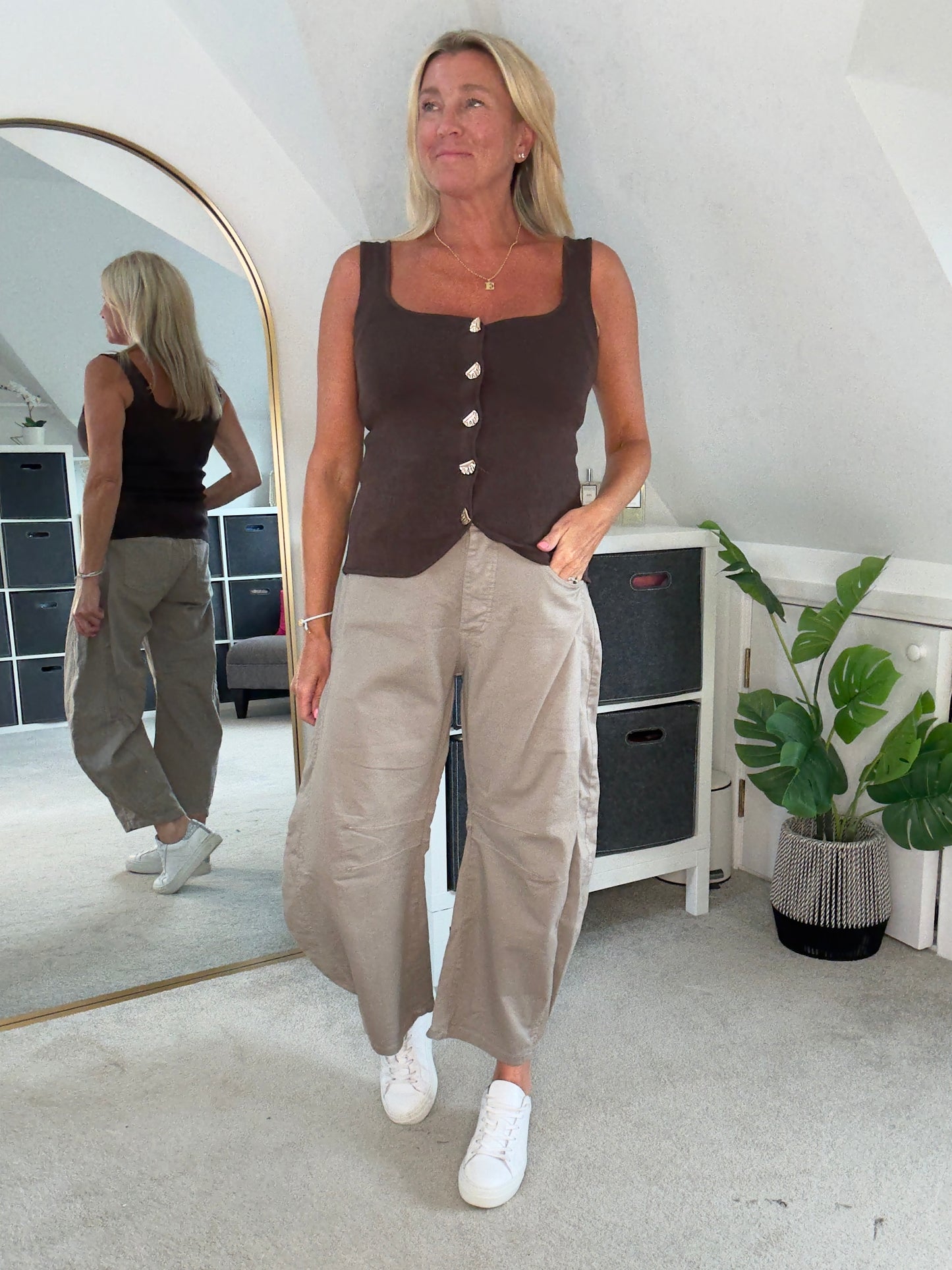 Sand Cotton Barrel Leg Jeans