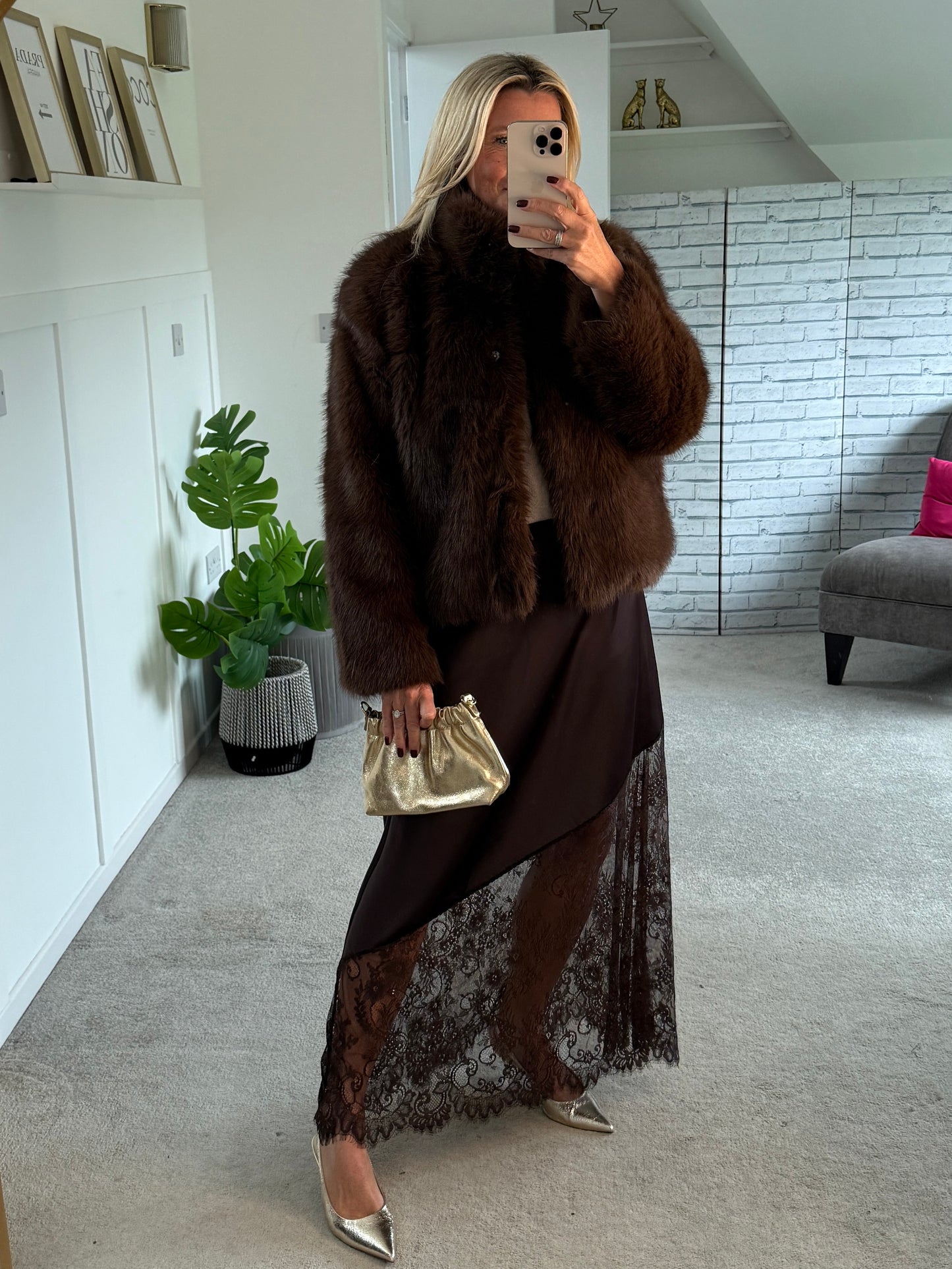 Chocolate Satin Asymmetric Lace Detail Maxi Slip Skirt