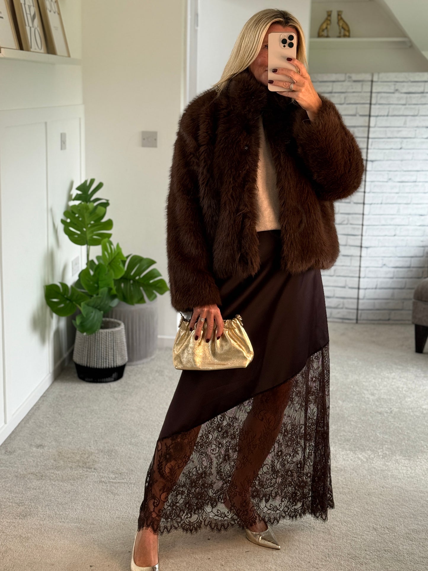 Chocolate Satin Asymmetric Lace Detail Maxi Slip Skirt