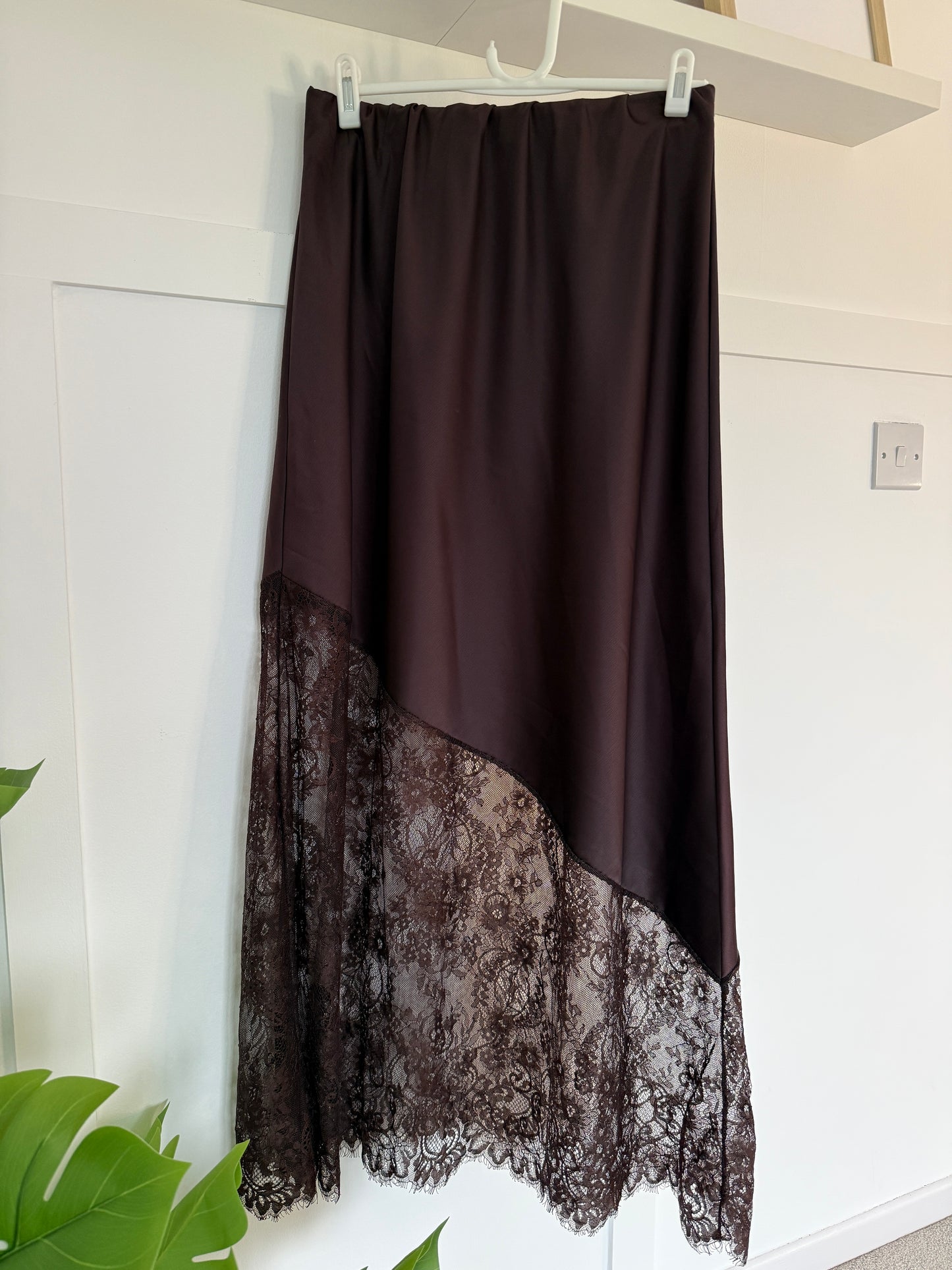 Chocolate Satin Asymmetric Lace Detail Maxi Slip Skirt