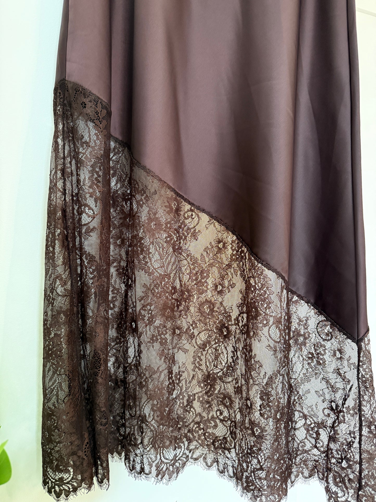 Chocolate Satin Asymmetric Lace Detail Maxi Slip Skirt
