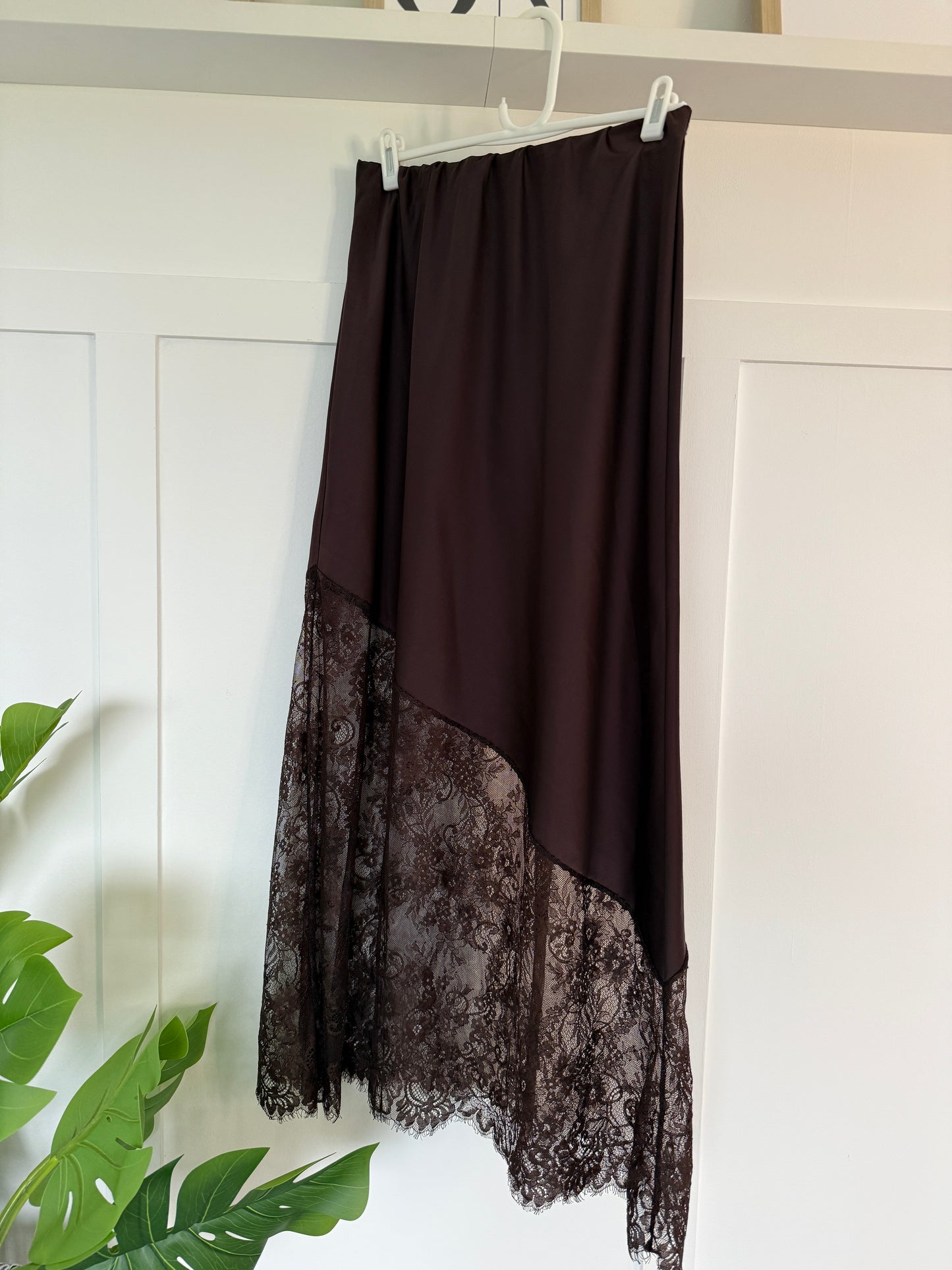 Chocolate Satin Asymmetric Lace Detail Maxi Slip Skirt