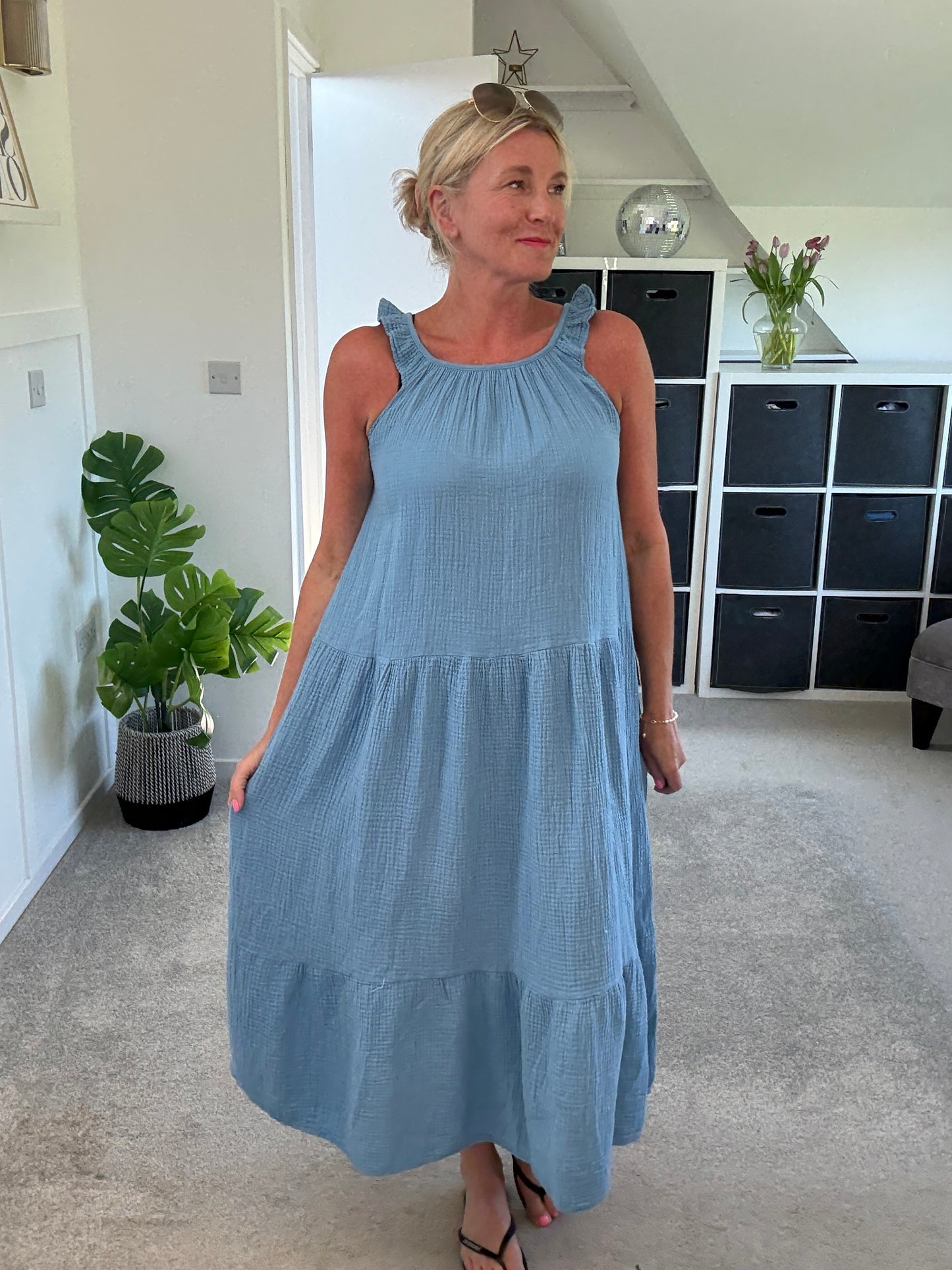 Denim Blue Frill Shoulder Floaty Dress