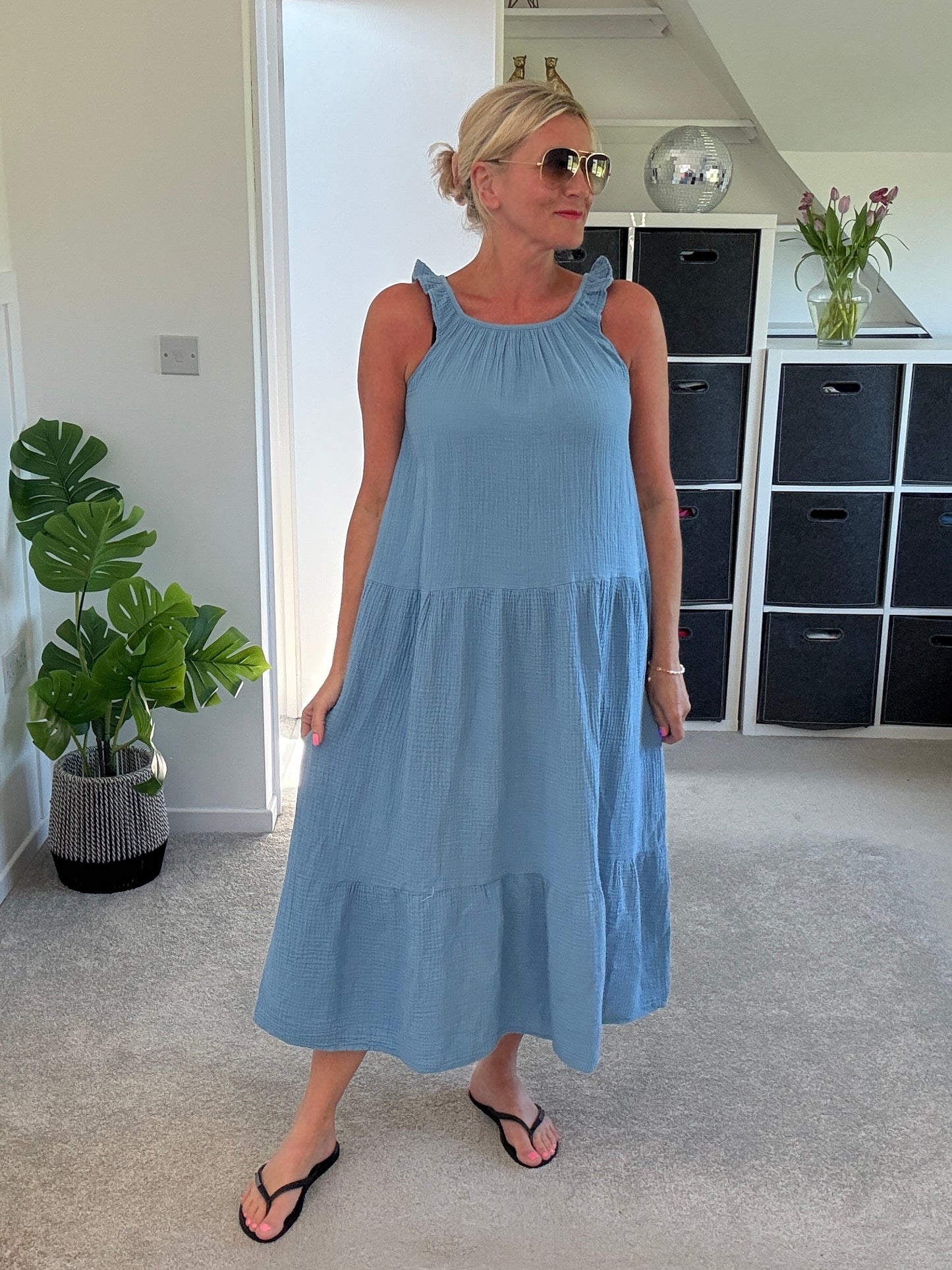 Denim Blue Frill Shoulder Floaty Dress