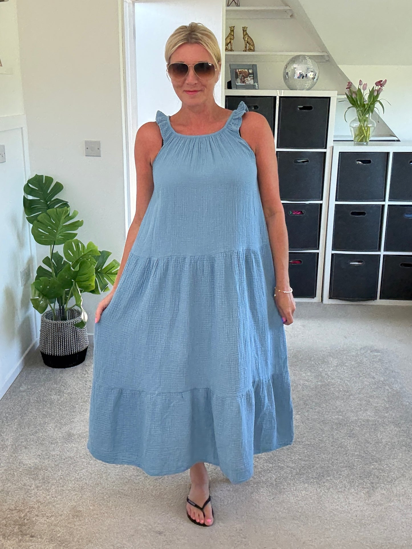 Denim Blue Frill Shoulder Floaty Dress