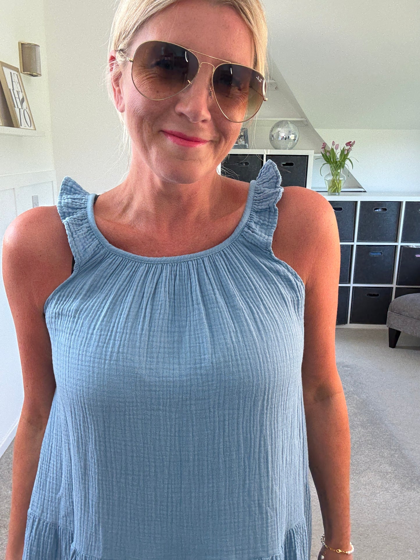 Denim Blue Frill Shoulder Floaty Dress