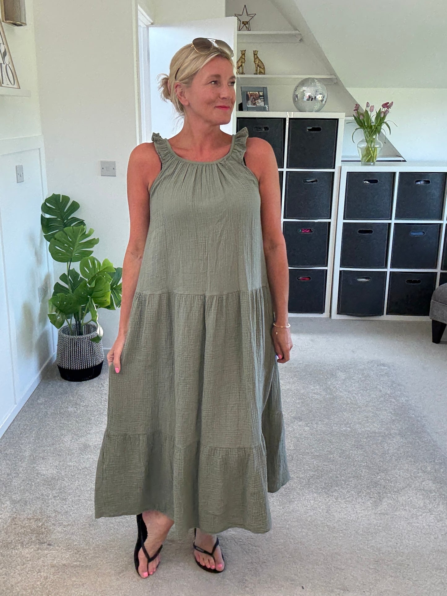 Khaki Frill Shoulder Floaty Dress