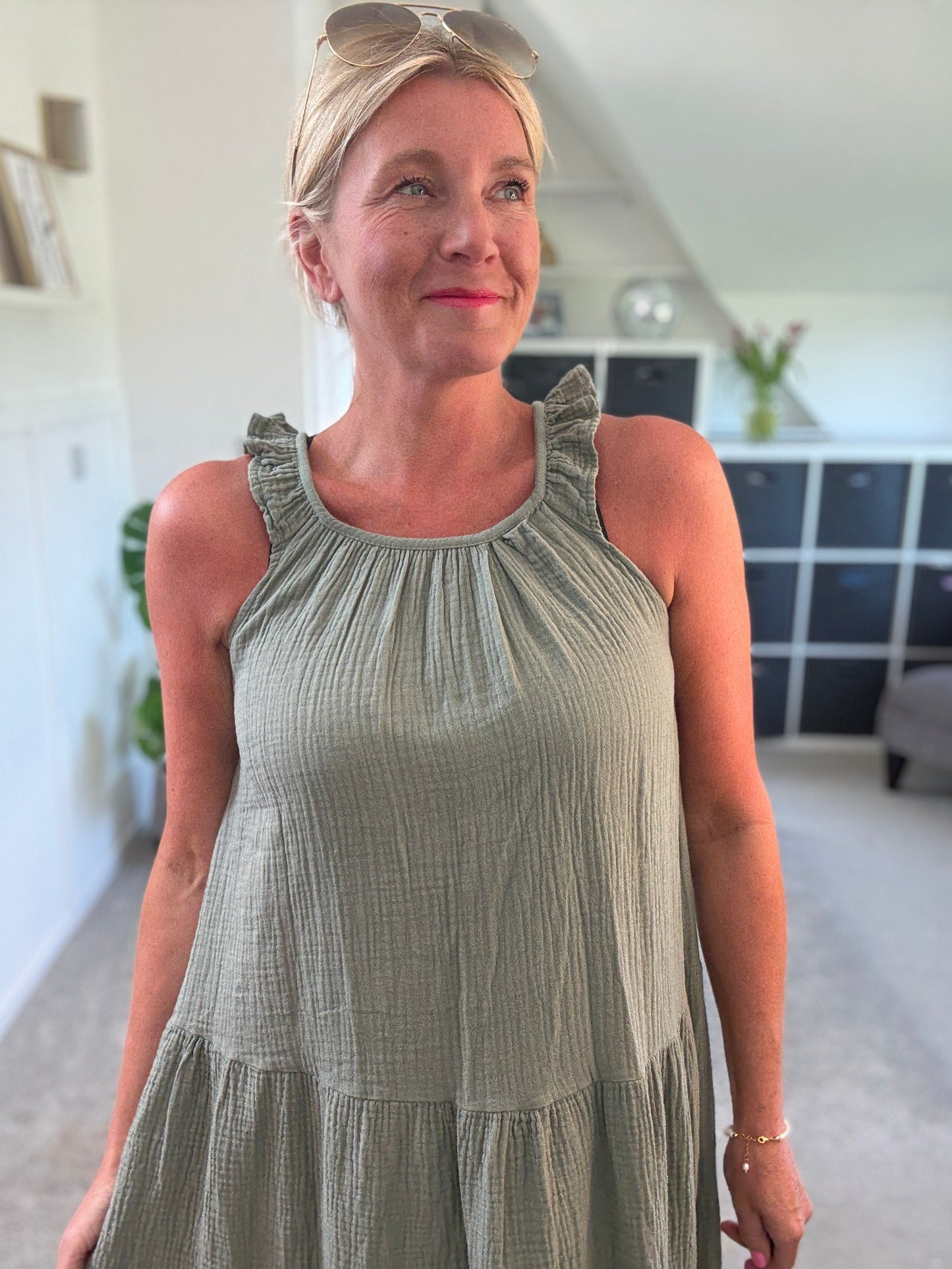 Khaki Frill Shoulder Floaty Dress