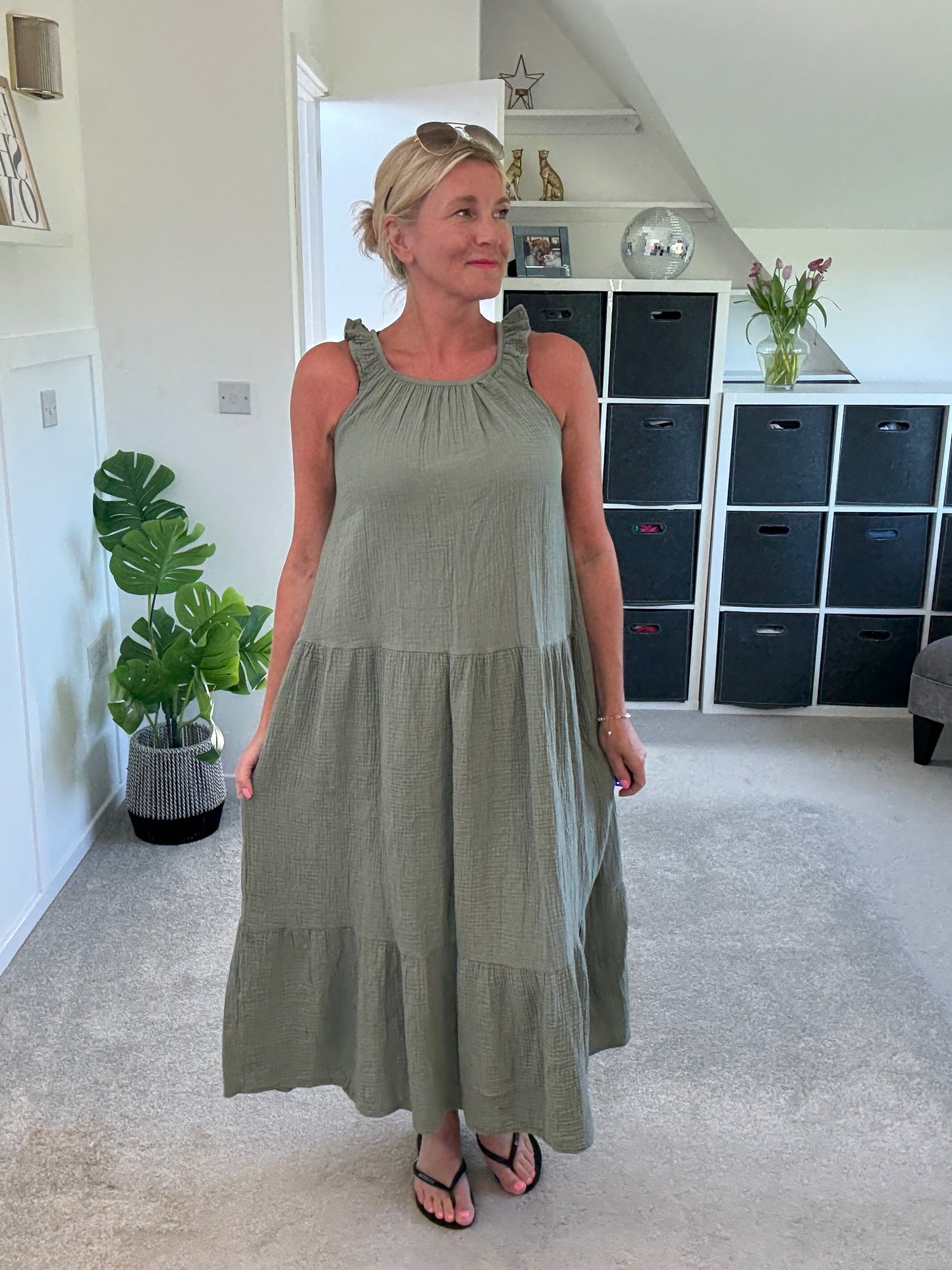 Khaki Frill Shoulder Floaty Dress