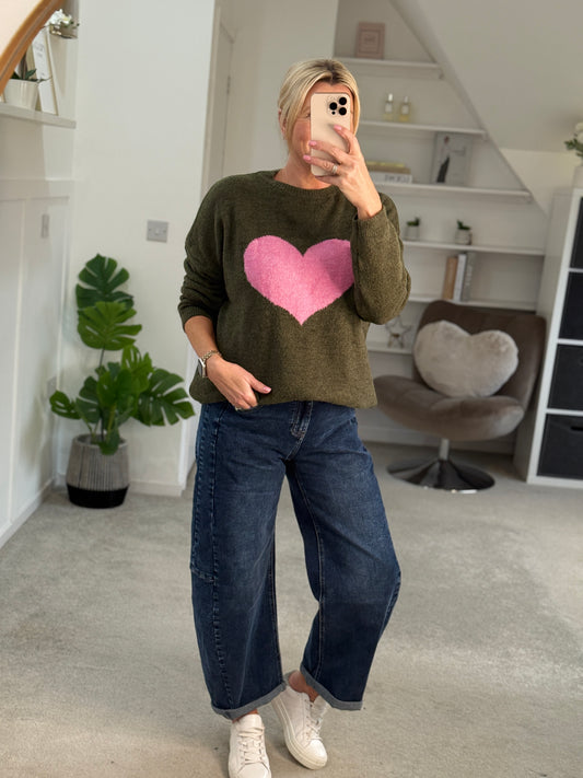 Khaki/Pink Heart Jumper