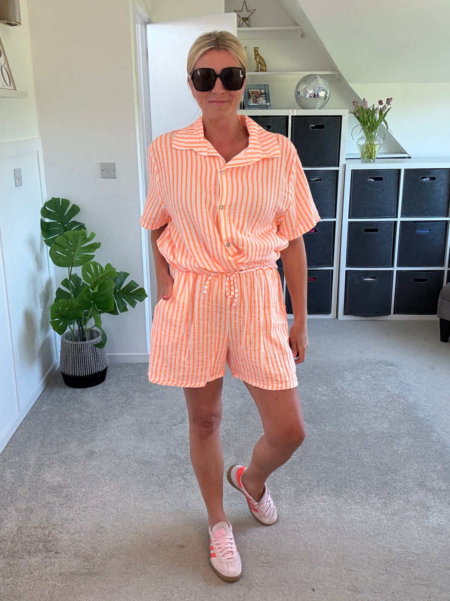 Neon Orange Stripe Cheesecloth Shorts Co Ord