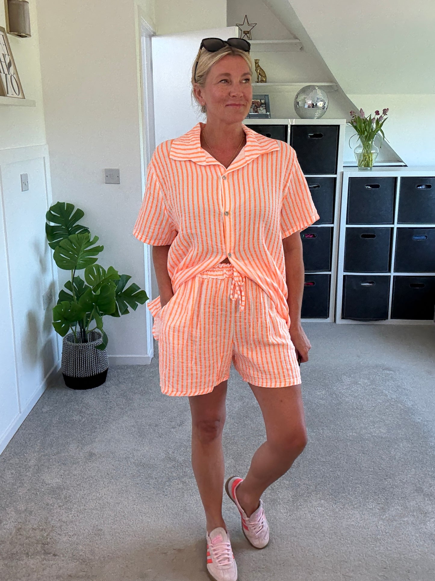 Neon Orange Stripe Cheesecloth Shorts Co Ord