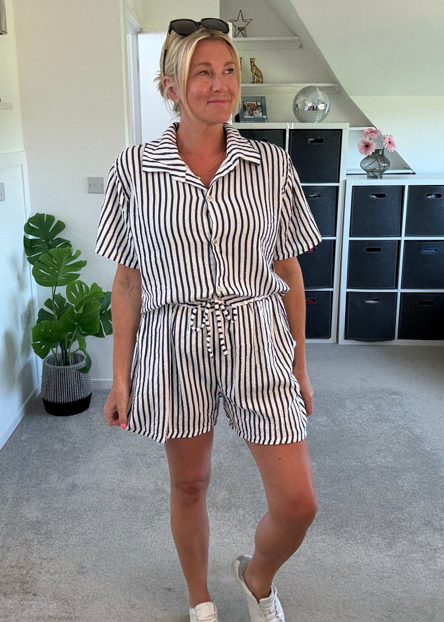 Navy Stripe Cheesecloth Shorts Co Ord