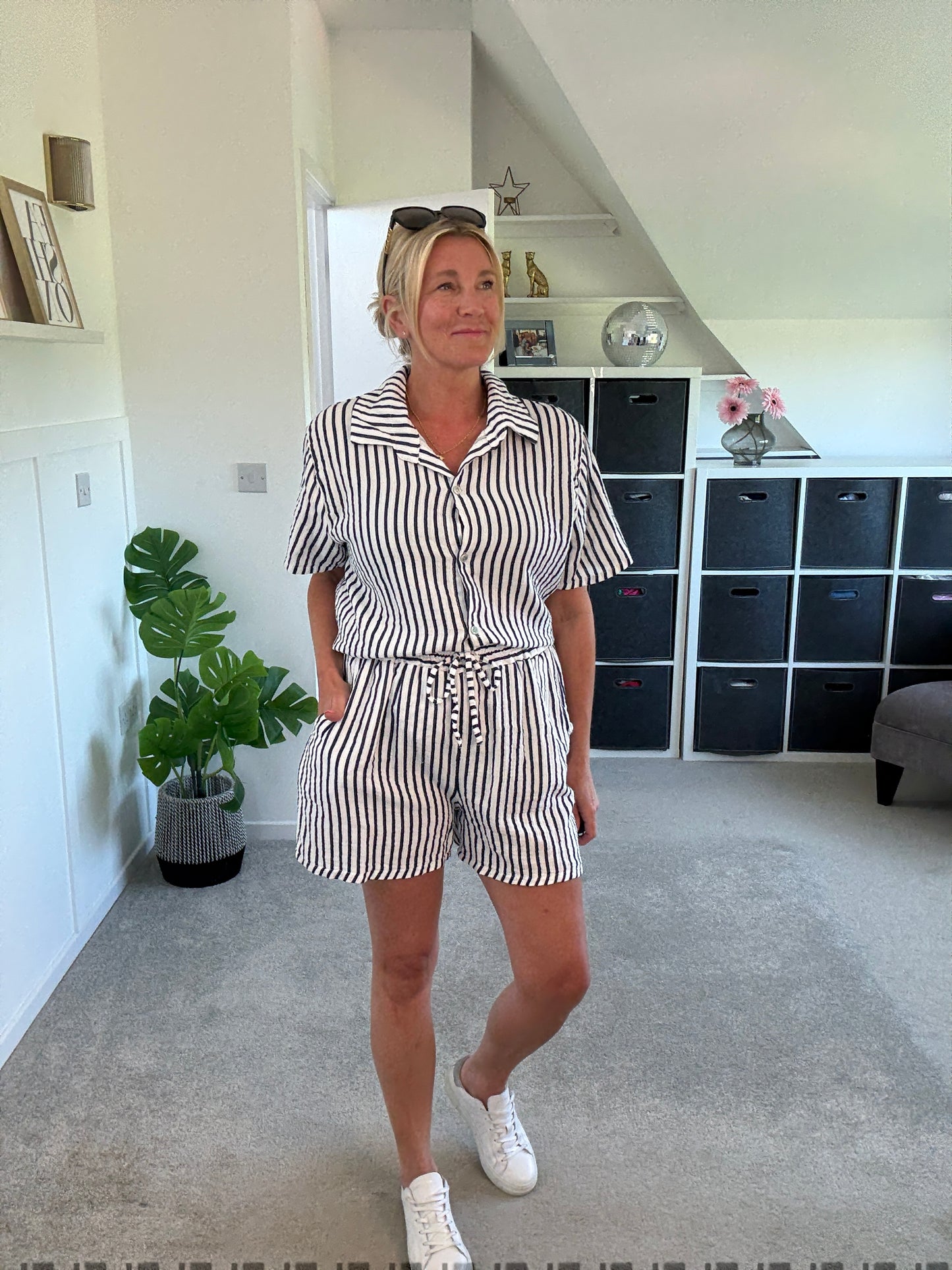 Navy Stripe Cheesecloth Shorts Co Ord
