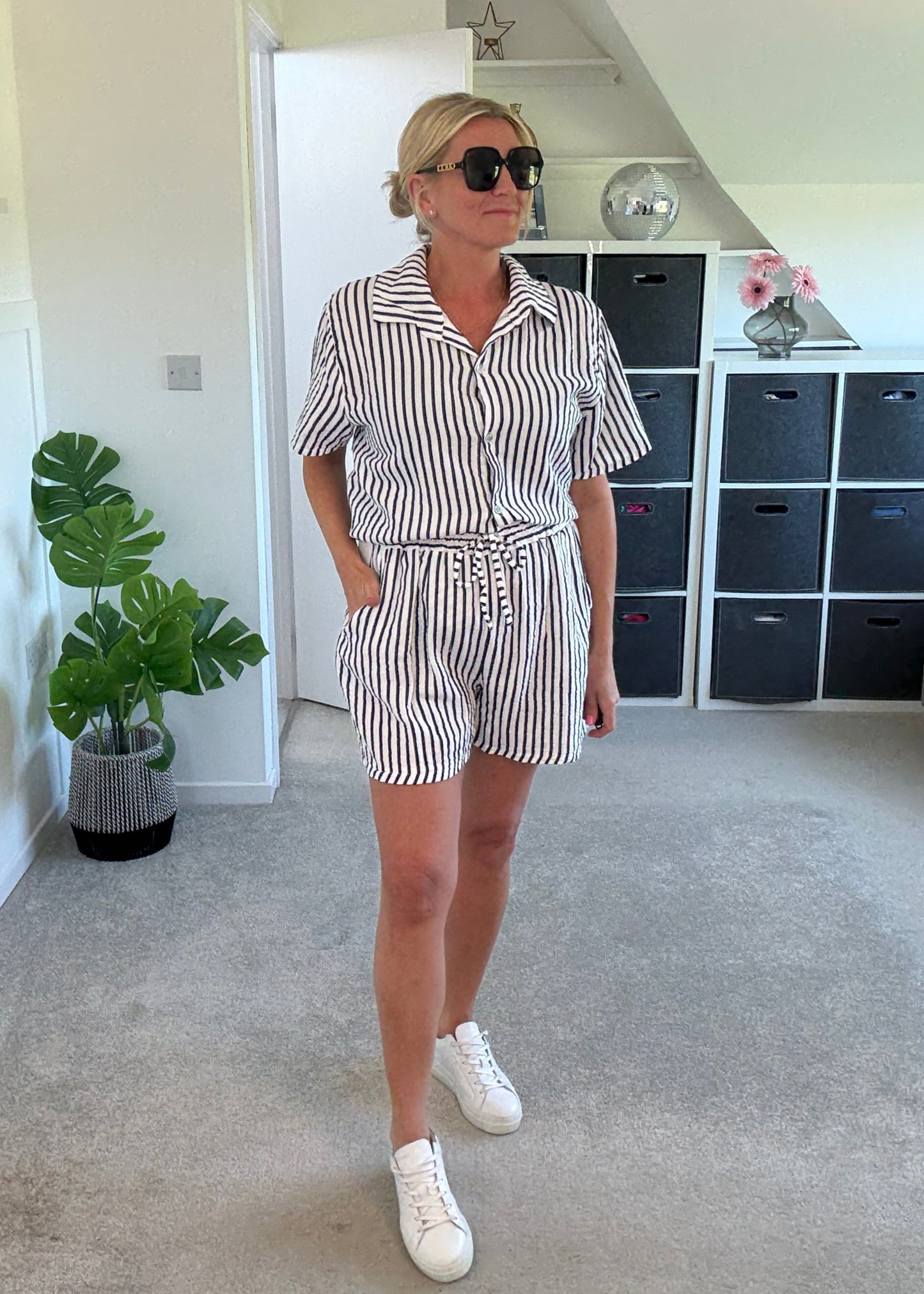 Navy Stripe Cheesecloth Shorts Co Ord