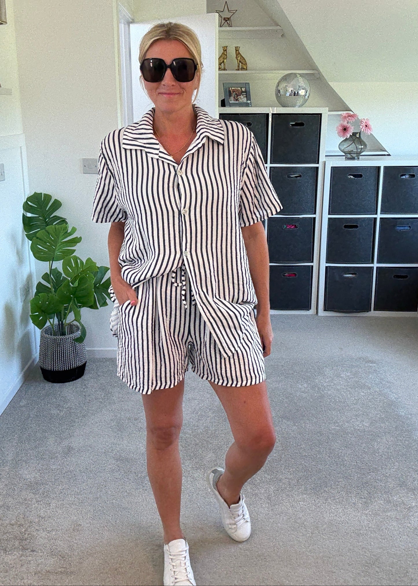 Navy Stripe Cheesecloth Shorts Co Ord