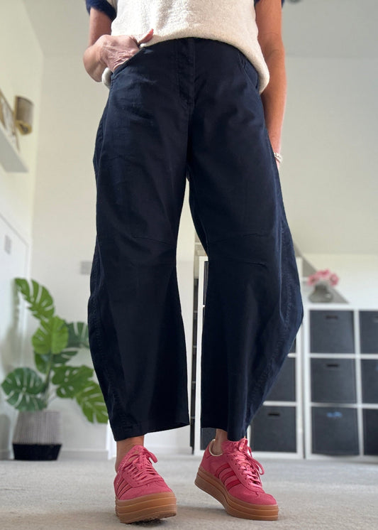 Navy Cotton Barrel Leg Jeans