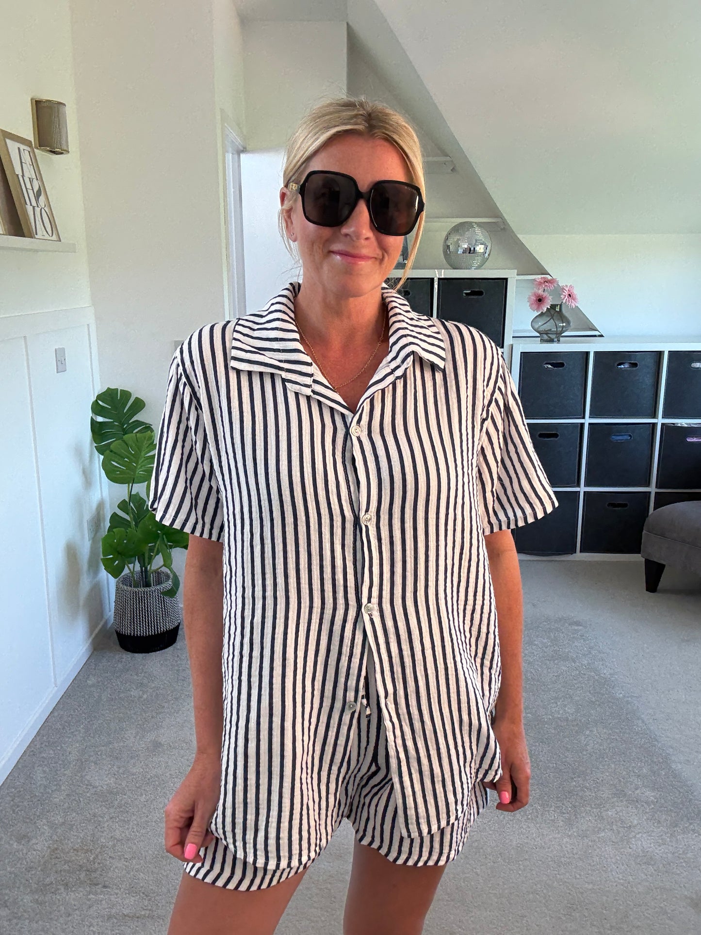 Navy Stripe Cheesecloth Shorts Co Ord
