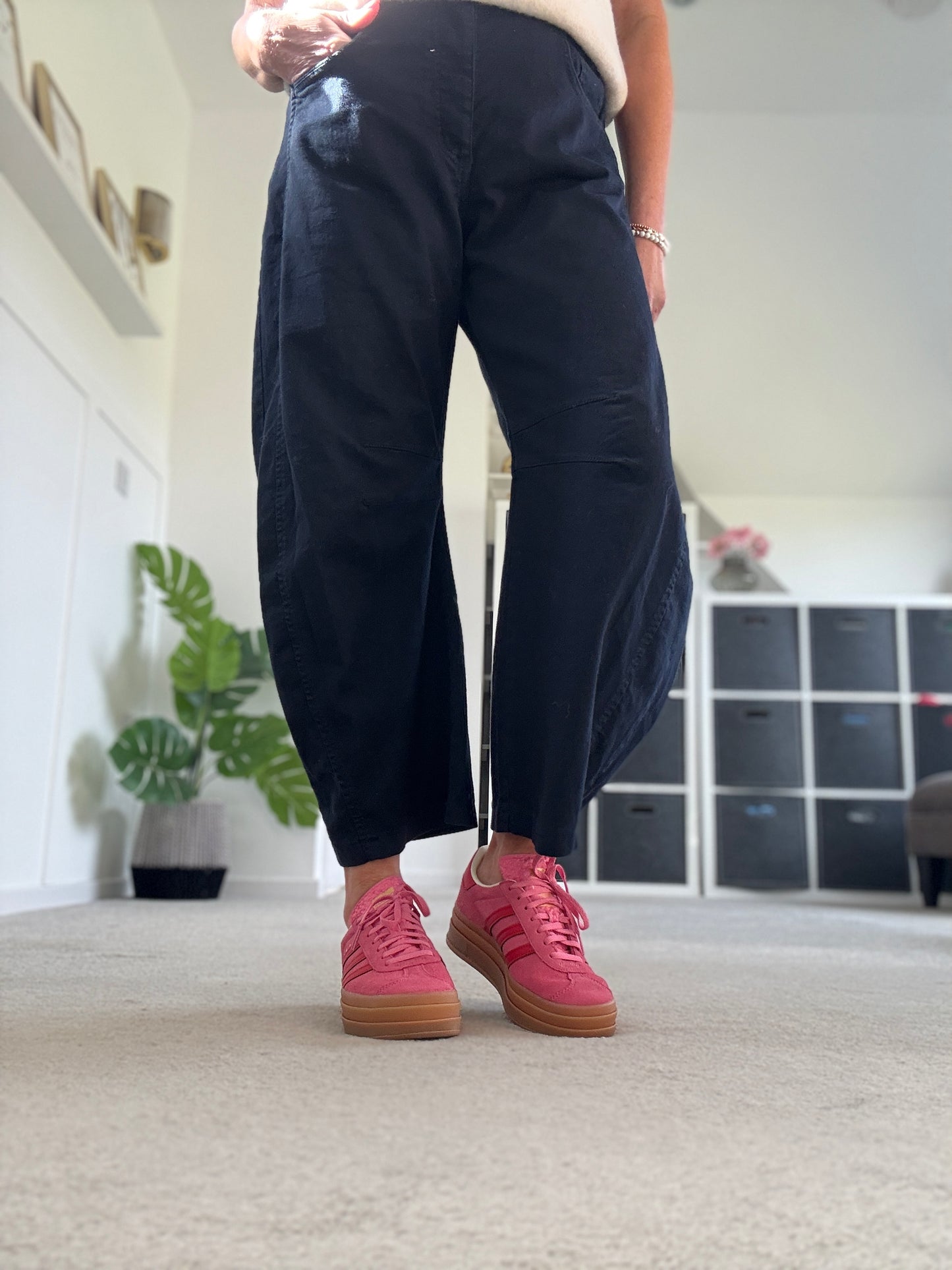 Navy Cotton Barrel Leg Jeans