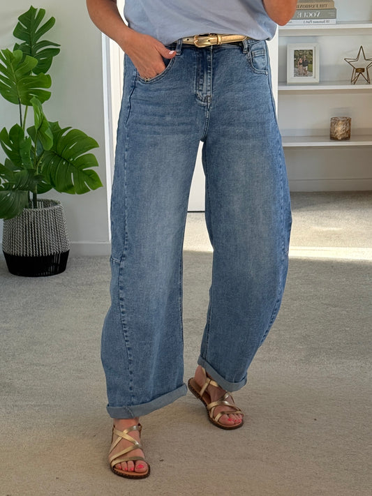 Light Denim Barrel Leg Panel Jeans
