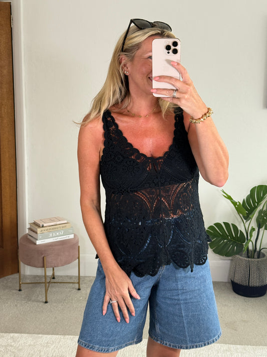Black Cotton Crochet V-Neck Vest Top
