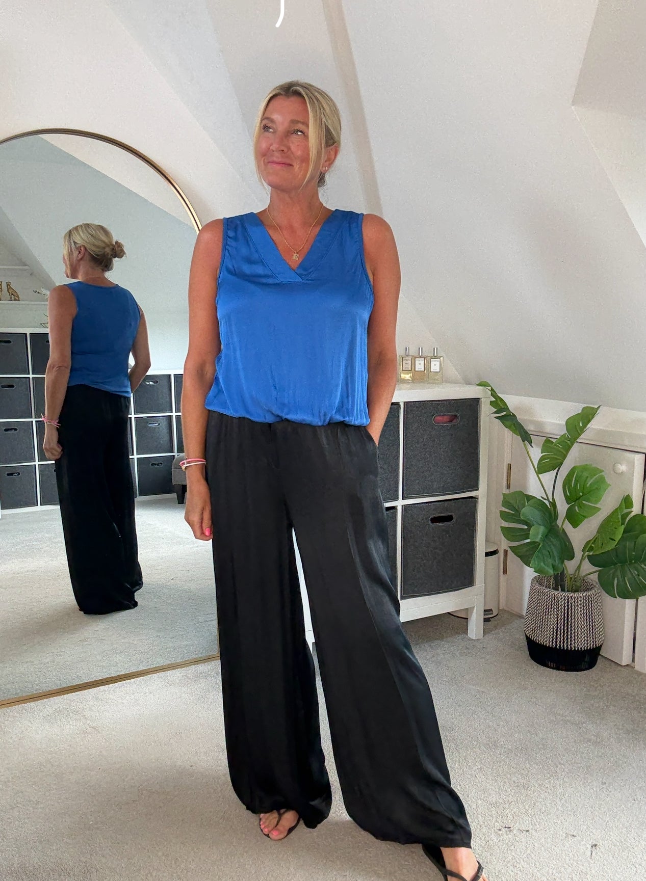 Emy Navy Satin Wide Leg Trousers