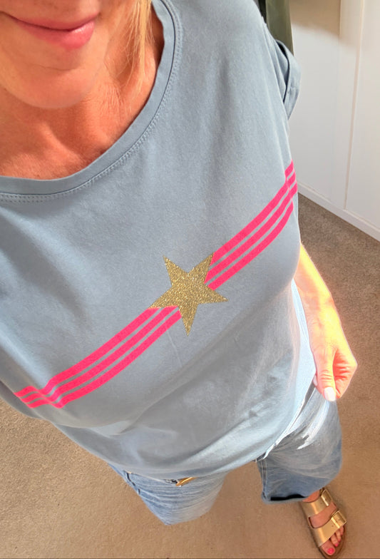Denim Blue With Pink Stripe & Star T Shirt