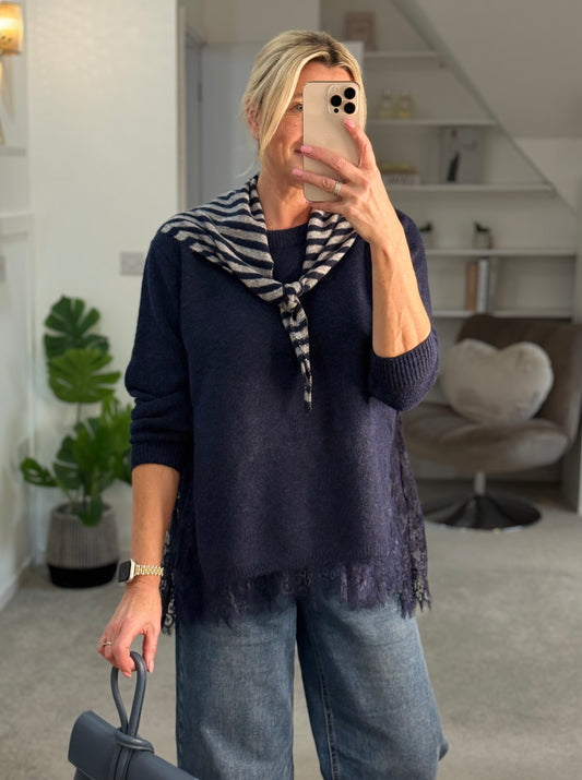 Navy/Grey Striped Triangle Neck Scarf