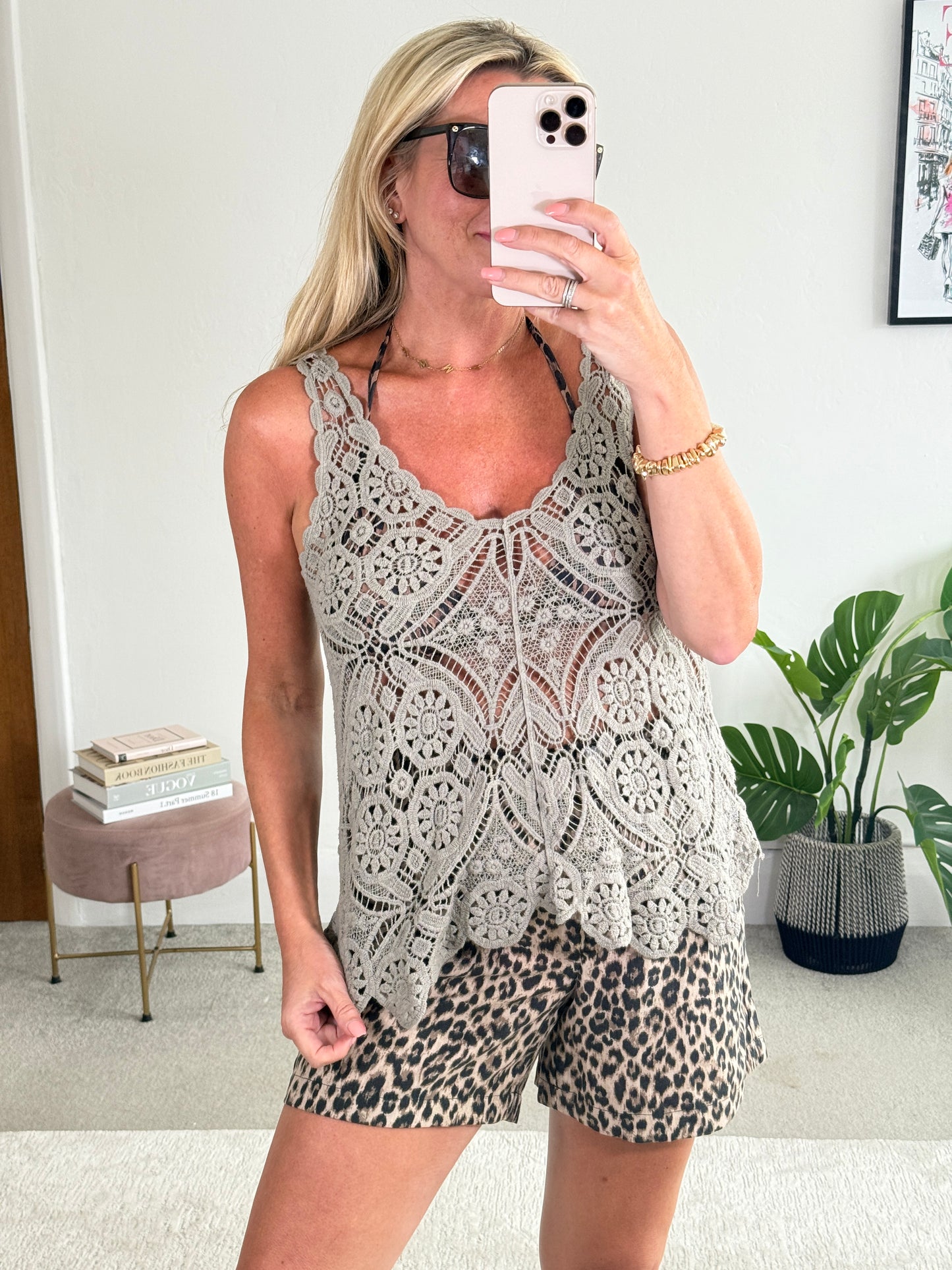 Mocha Cotton Crochet V-Neck Vest Top