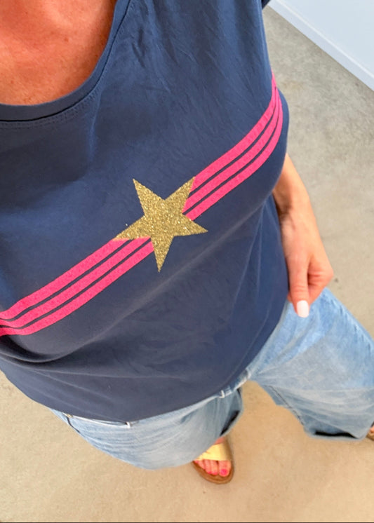 Navy With Pink Stripe & Star T Shirt