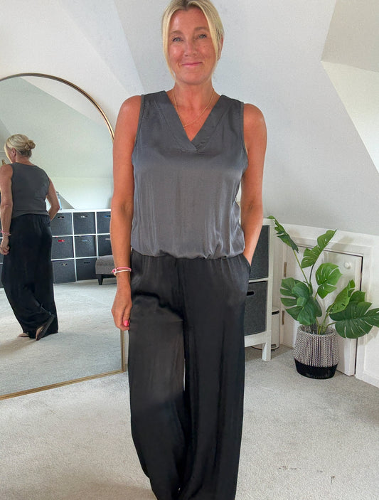 Charcoal Grey Silk Mix Bubble Hem Top