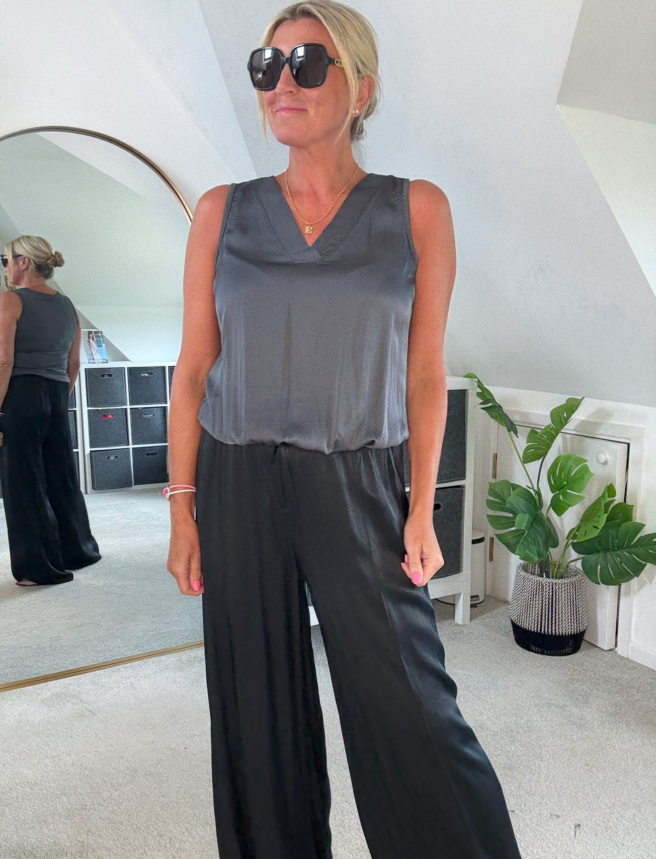 Charcoal Grey Silk Mix Bubble Hem Top