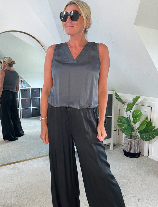 Charcoal Grey Silk Mix Bubble Hem Top