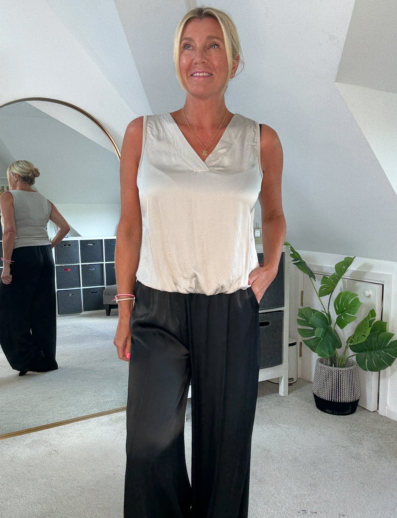 Charcoal Grey Silk Mix Bubble Hem Top