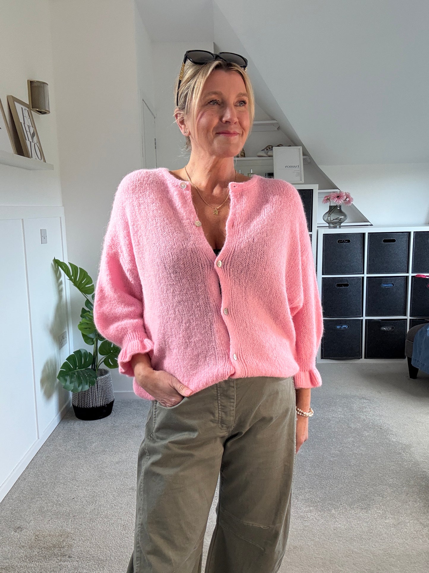 Pink Alpaca Mix Frill Sleeve Cardigan