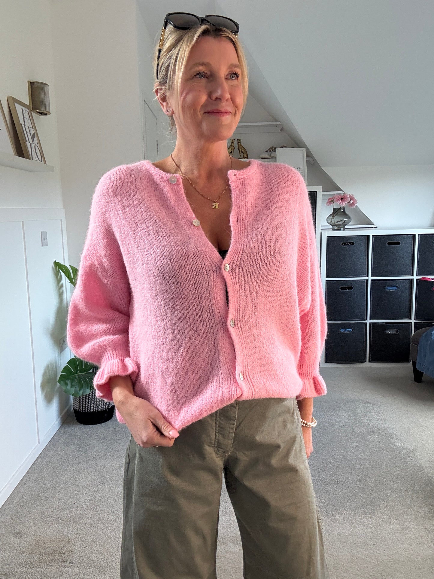 Pink Alpaca Mix Frill Sleeve Cardigan