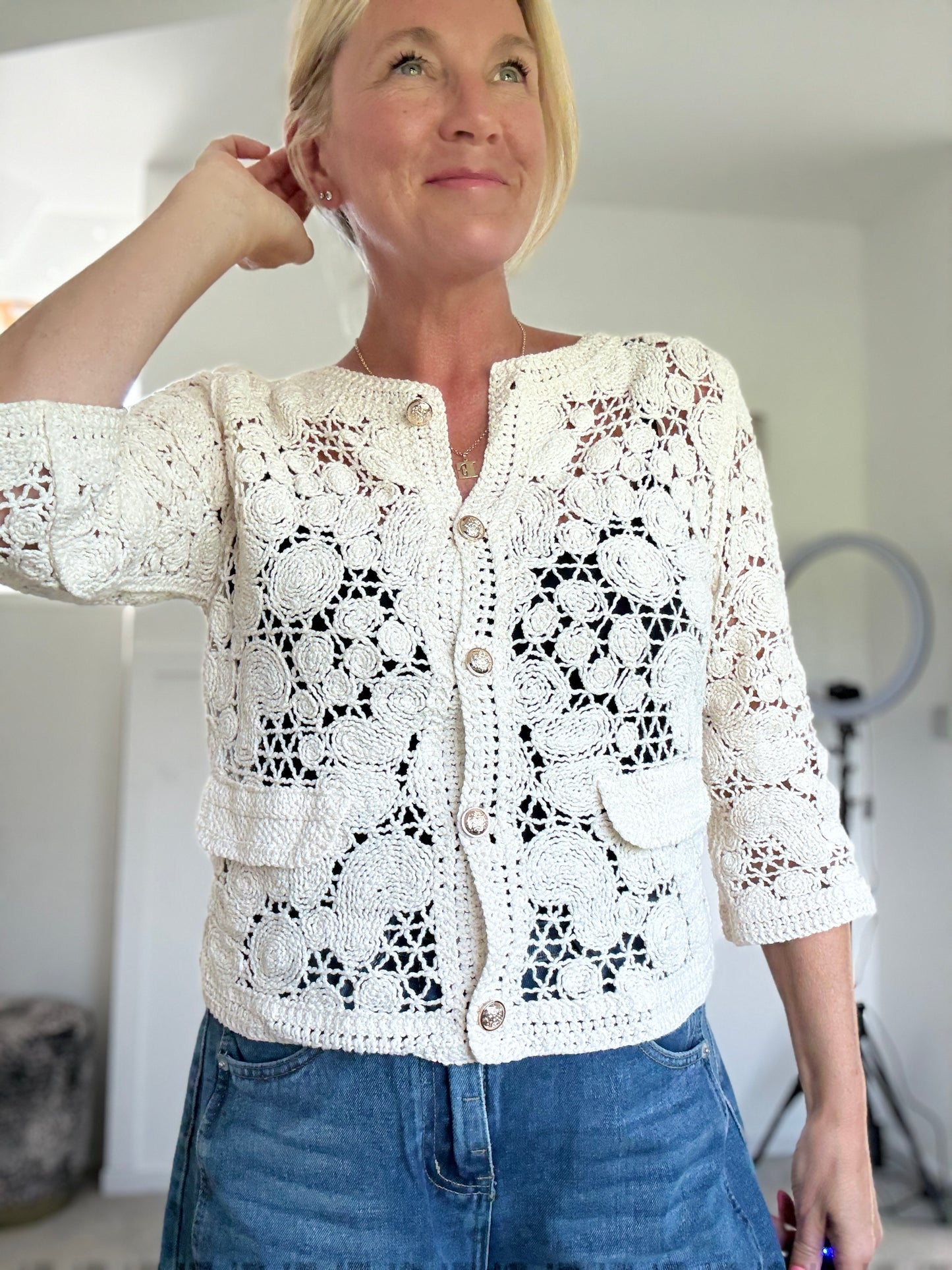 White Crochet Cardigan with Gold Buttons