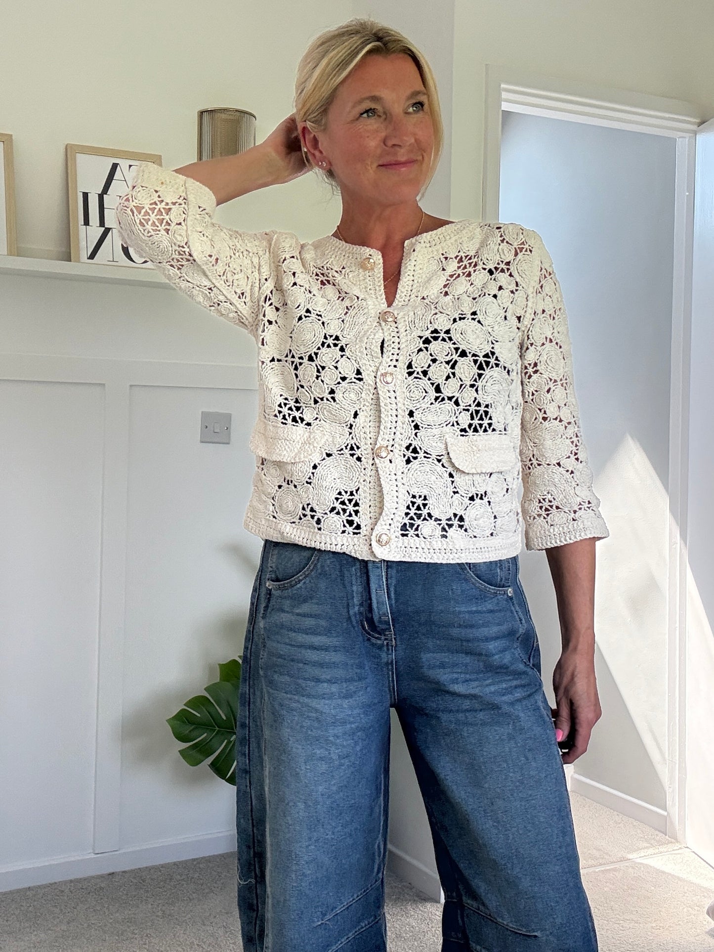 White Crochet Cardigan with Gold Buttons
